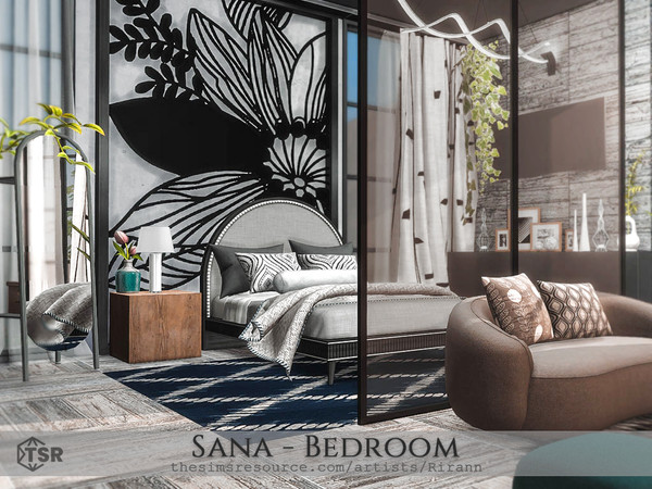 Sims 4 — Sana - Bedroom by Rirann — Sana is a modern elegant bedroom in black, white and blue tones