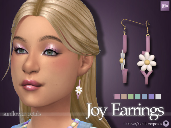 Sims 4 — Joy Earrings by SunflowerPetalsCC — A pair of earrings spelling out the word Joy, with a daisy as the