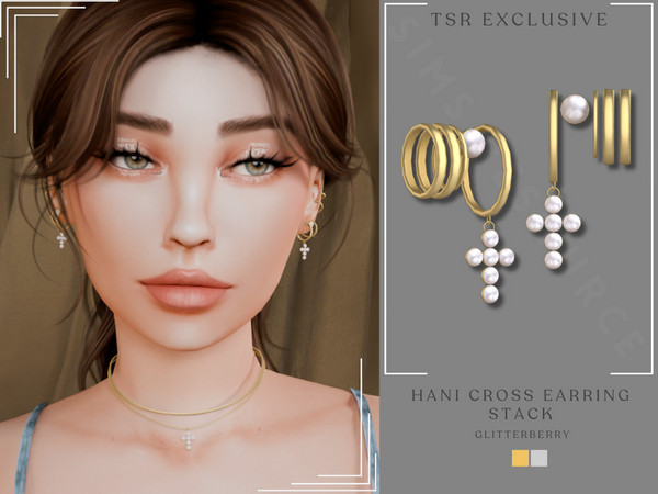 Sims 4 — Hani Cross Earring Stack by Glitterberryfly — A gold stack earring with cross pendant
