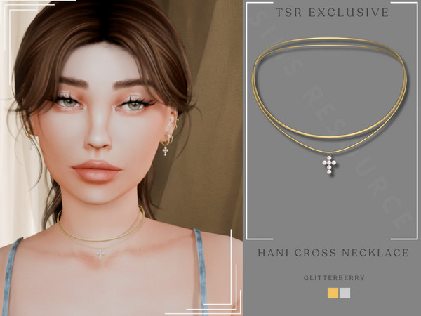 Sims 4 — Hani Cross Necklace by Glitterberryfly — A gold necklace with pearl pendant