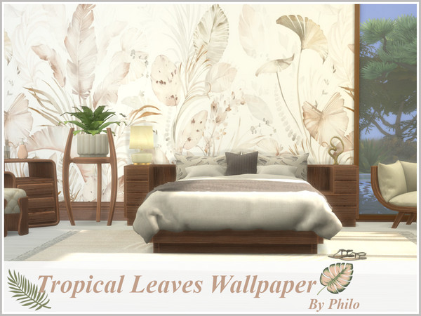 Sims 4 — Tropical Leaves Wallpaper by philo — Seamless panoramic wallpaper picturing tropical leaves in neutral soft