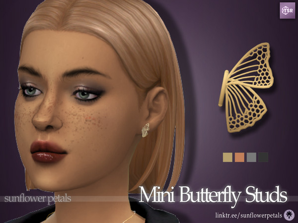 Sims 4 — Mini Butterfly Studs by SunflowerPetalsCC — A pair of small, butterfly shaped stud earrings in 4 metal colors.