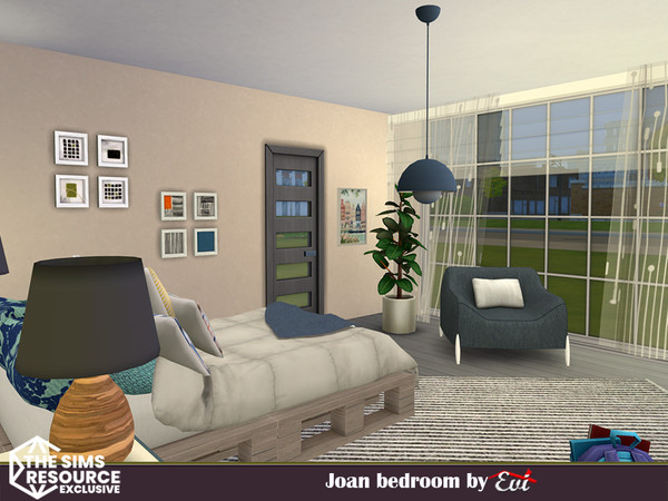 Sims 4 — Joan Bedroom by evi — This bedroom is suitable for any ages. It brings a lot of light in and has a comfortable