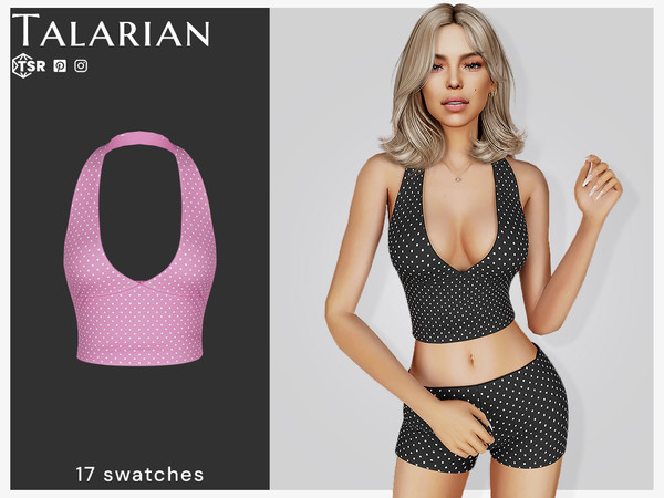 Sims 4 — Nalani Halter Top by talarian — Fitted halter-style crop top with deep neckline and playful dotted pattern