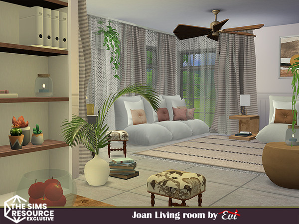 Sims 4 — Joan Living by evi — It is a comfortable living room with two units. One for reading and one for tv watching.
