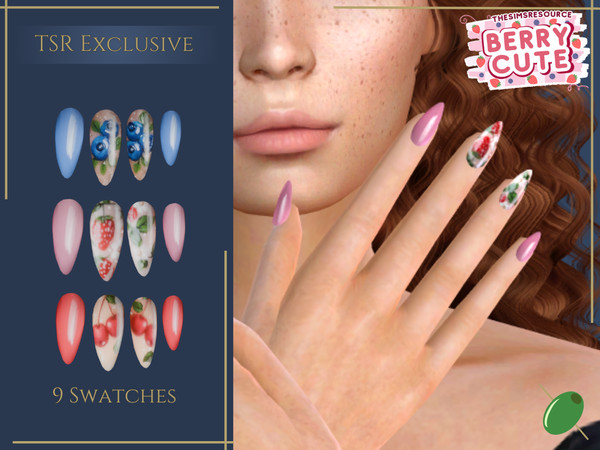 Sims 4 — Berry Bushel Nails by Pitted0live — Berry cute pastel nails with various berry designs Custom catalog image