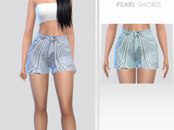 Sims 4 — Pearl Shorts by Puresim — Denim shorts with pearl details