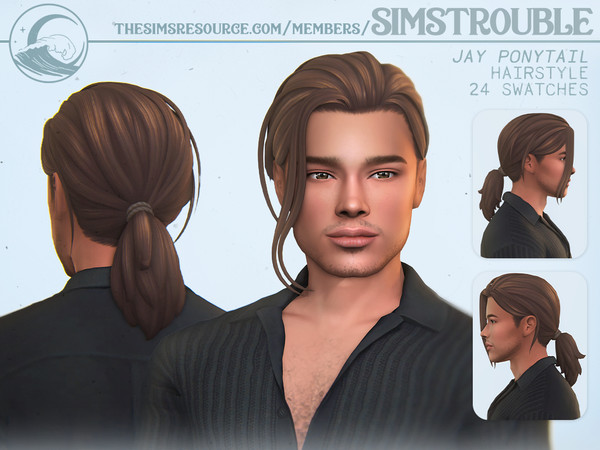 Sims 4 — Jay Ponytail - Style 1 by simstrouble — A medium-length low ponytail with loose strands for your male sim. Base