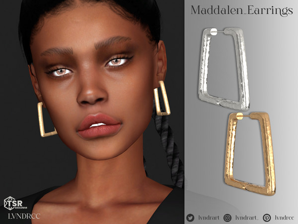 Sims 4 — Maddalen Earrings by LVNDRCC — Geometric, tapered hoops earrings made from shiny, hammered silver and gold