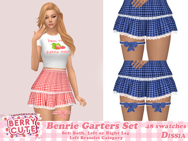 Sims 4 — Benrie Garter (Both) by Dissia — Cute plaid gingham garter with bow and white lace for left, right or both legs