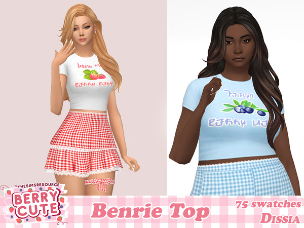 Sims 4 — Benrie Top by Dissia — Short sleeves short tshirt with berry themed prints (raspberry, blueberry, strawberry,