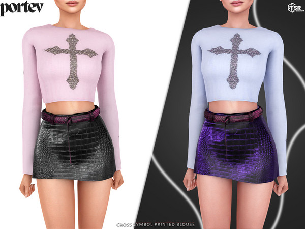 Sims 4 — Cross Symbol Printed Blouse by portev — new Mesh 4 colors
