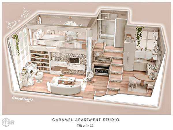 Sims 4 — Caramel Studio Apartment by Moniamay72 — This is a multi-level Sims 4 apartment's interior design.
