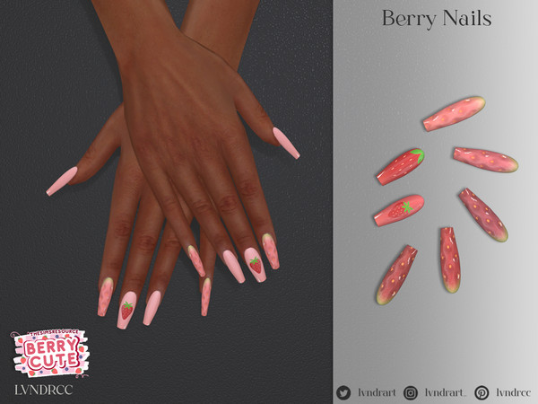 Sims 4 — (Berry Cute) Berry Nails by LVNDRCC — Long ballerina manicure, with various strawberry decals, in a variety of