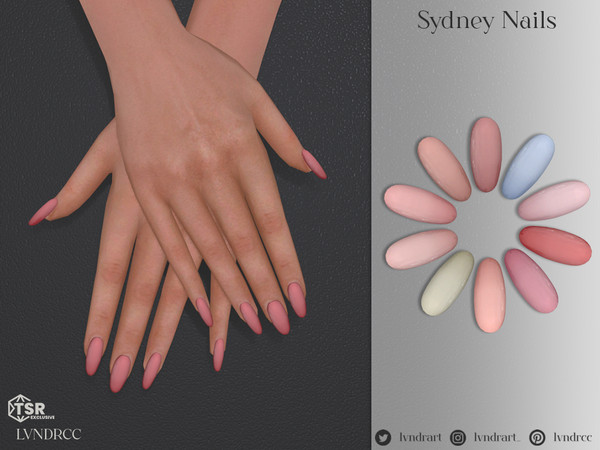 Sims 4 — Sydney Nails by LVNDRCC — Short rounded manicure in an array of light, pastel shades of pink, red, brow, beige,