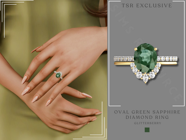 Sims 4 — Oval Green Sapphire Diamond Ring by Glitterberryfly — Elegant oval green sapphire ring with a diamond band in