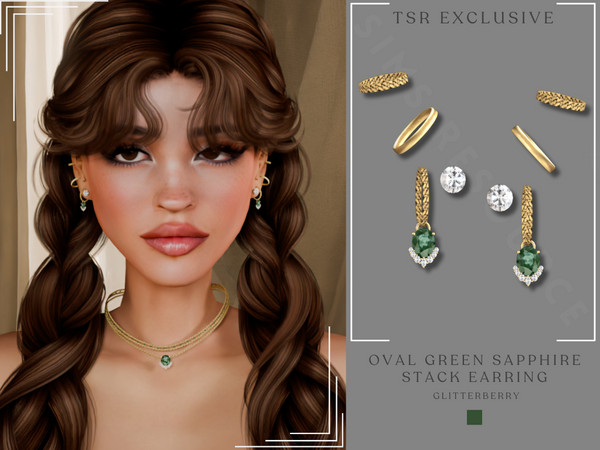 Sims 4 — Oval Green Sapphire Stack Earrings by Glitterberryfly — Elegant oval green sapphire stack earring with yellow