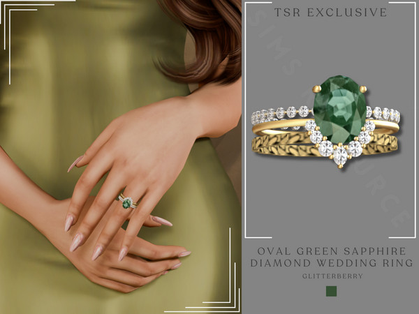 Sims 4 — Oval Green Sapphire Diamond Wedding Ring by Glitterberryfly — Elegant oval green sapphire ring with a diamond