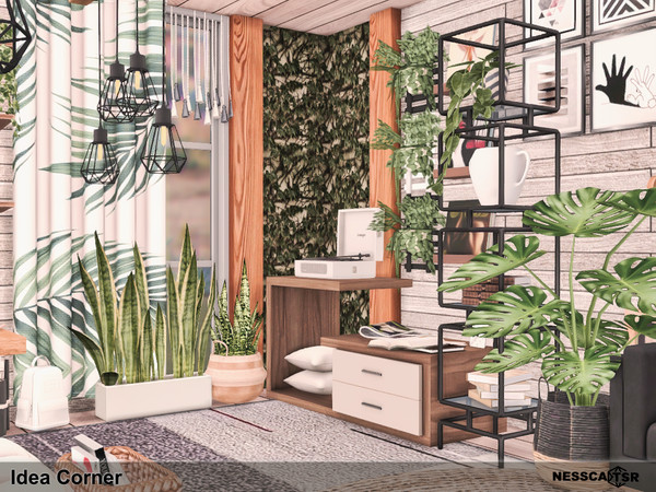 Sims 4 — Idea Corner by Nessca — Idea Corner is a cozy office with two computer positions, bookcases and painting easel.