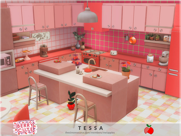 Sims 4 — BerryCute - Tessa - kitchen by melapples — a strawberry kitchen with a 4 seater dining table. enjoy! 7x8