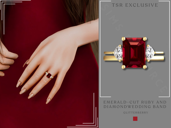 Sims 4 — Emerald-Cut Ruby and Diamond Gold Wedding Band by Glitterberryfly — A gold wedding band with emerald cut ruby