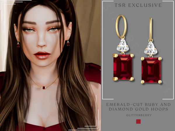 Sims 4 — Emerald-Cut Ruby and Diamond Gold Hoops by Glitterberryfly — A gold hoop earring with emerald cut ruby and