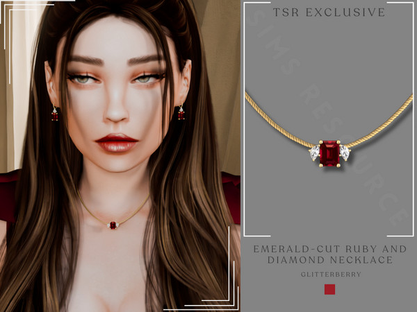 Sims 4 — Emerald-Cut Ruby and Diamond Gold Necklace by Glitterberryfly — An emerald cut ruby and diamond necklace