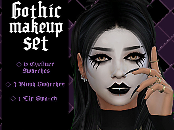 Sims 4 — GothicLips.package by _alttrait_ — Gothic Makeup Set including an eyeliner with 6 separate swatches, 3 face