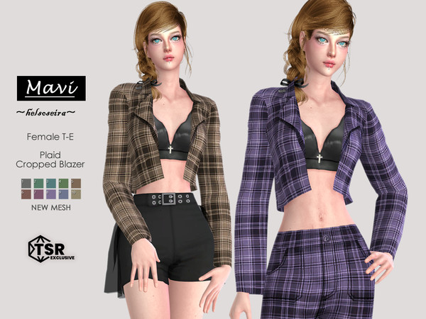 Sims 4 — MAVI - Cropped Blazer by Helsoseira — Style - Plaid cropped blazer with little cross top