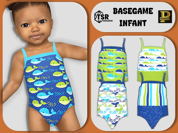 Sims 4 — Infants Whale Ahoy Swimsuits by Pelineldis — Five swimsuits for infants girls with whale prints in white, green
