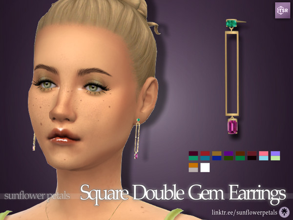 Sims 4 — Square Double Gem Earrings by SunflowerPetalsCC — A pair of earrings with two gemstones attached. Comes in 10