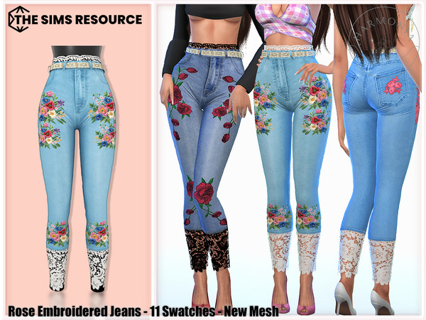 Sims 4 — Rose Embroidered Jeans by Harmonia — New Mesh