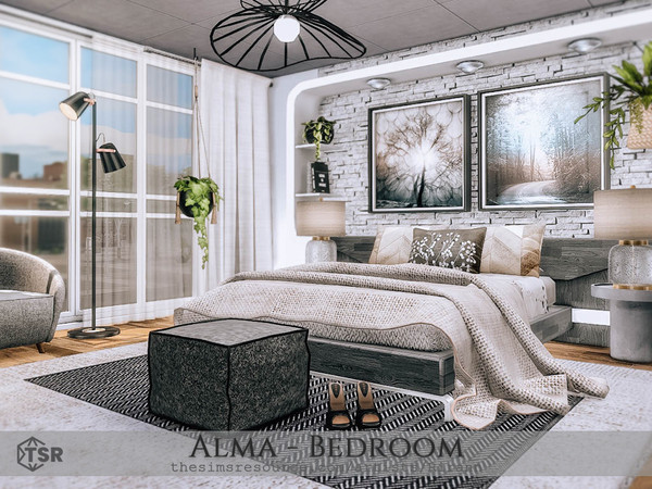 Sims 4 — Alma - Bedroom by Rirann — Alma is a modern bedroom in black, gray, white and brown colors