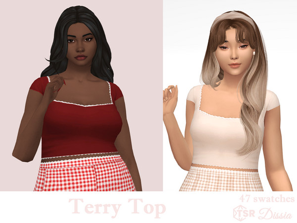 Sims 4 — Terry Top by Dissia — Short sleeves square cleavage solids short crop top with white lace