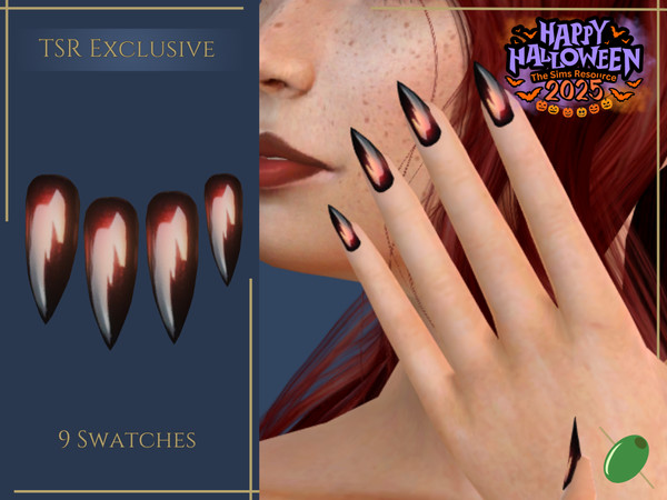 Sims 4 — Hellish Nails by Pitted0live — Halloween stiletto nails with black chrome and colour design Custom catalog image