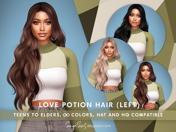Sims 4 — Love Potion Left Hair by SonyaSimsCC — - Longe wavy hair with curls. One Side. - All LODs (essential for