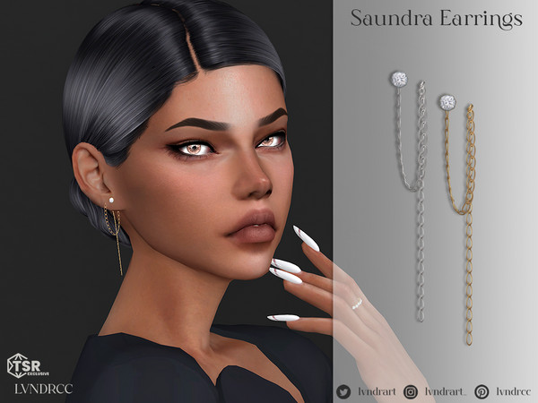 Sims 4 — Saundra Earrings by LVNDRCC — Diamond studs with a link chain, threaded through the ear piercings. In polished