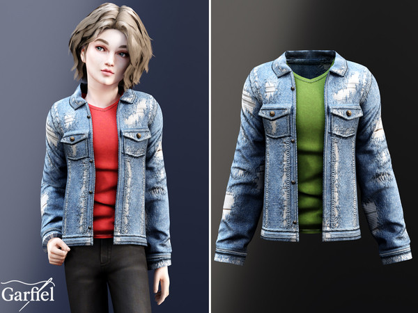 Sims 4 — Child - Distressed denim jacket with colorful casual t-shirt by Garfiel — A stylish child denim jacket featuring