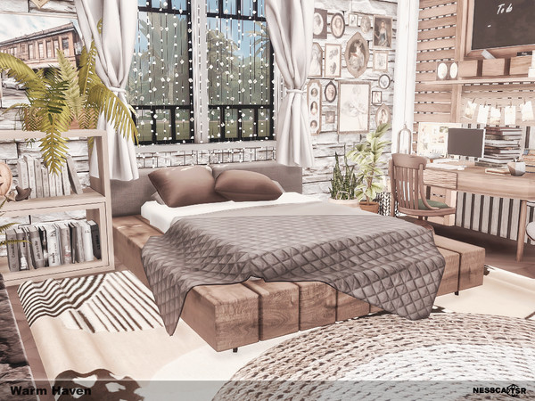 Sims 4 — Warm Haven by Nessca — Warm Haven is a very cozy bedroom with a computer station and relaxation area. Natural