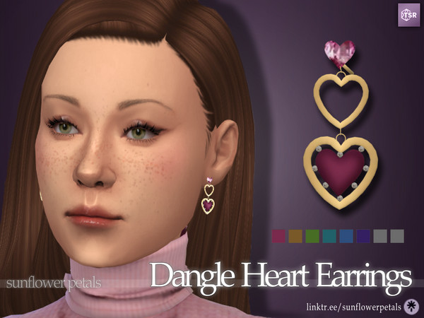 Sims 4 — Dangle Heart Earrings by SunflowerPetalsCC — A pair of dangling earrings with diamonds attached. Comes in 8