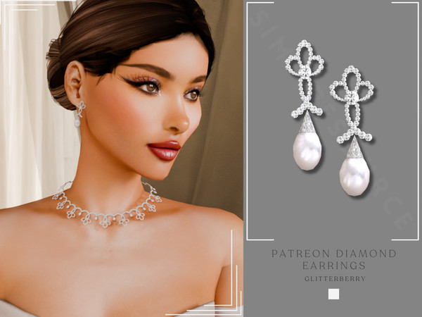 Sims 4 — Patreon Diamond Earrings by Glitterberryfly — A diamond and pearl statement earring