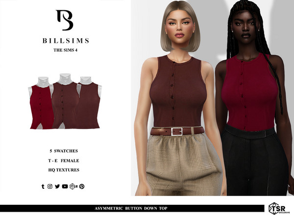 Sims 4 — Asymmetric Button Down Top by Bill_Sims — This top features a sleeveless design with a classic round neckline