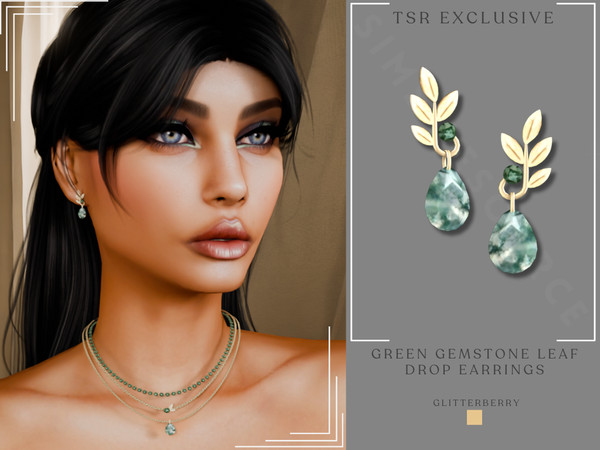 Sims 4 — Green Gemstone Leaf Drop Earrings by Glitterberryfly — A green gemstone drop earring