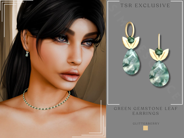 Sims 4 — Green Gemstone Leaf Earrings by Glitterberryfly — A green gold gemstone earring