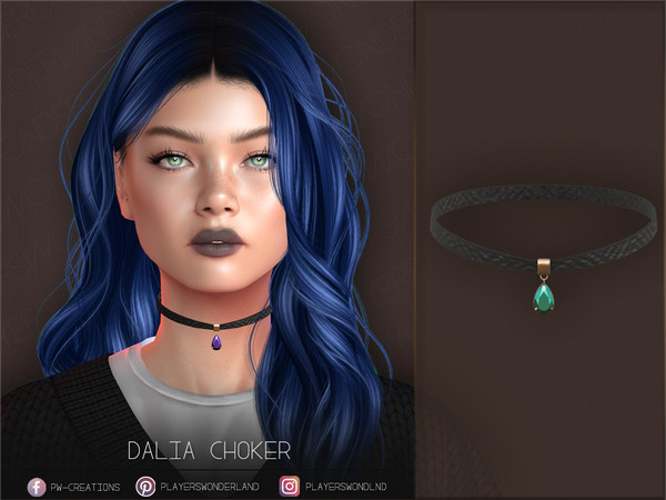 Sims 4 — Dalia Choker by PlayersWonderland — Black choker with satin textures and a pendant. 9 swatches ; HQ compatible ;