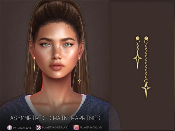 Sims 4 — Asymmetric Chain Earrings by PlayersWonderland — This mod includes a set of asymmetric earrings with chains and