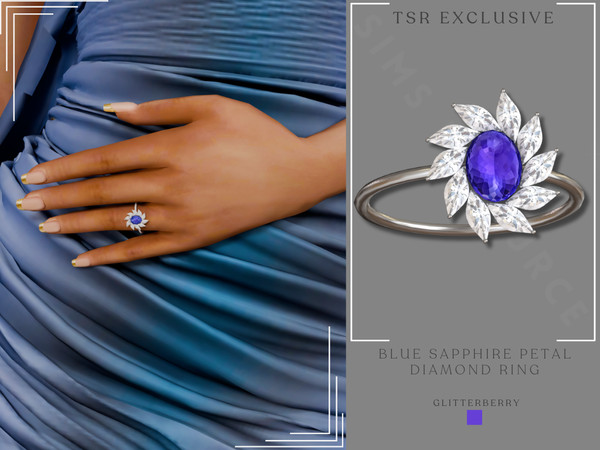 Sims 4 — Blue Sapphire Petal Diamond Ring by Glitterberryfly — A diamond and blue sapphire engagement ring
