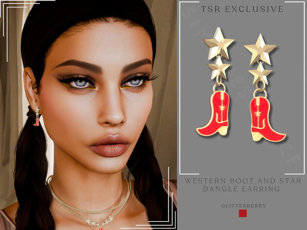 Sims 4 — Western Boot and Star Dangle Earring by Glitterberryfly — Western Boot and Star Dangle Earring in gold and red