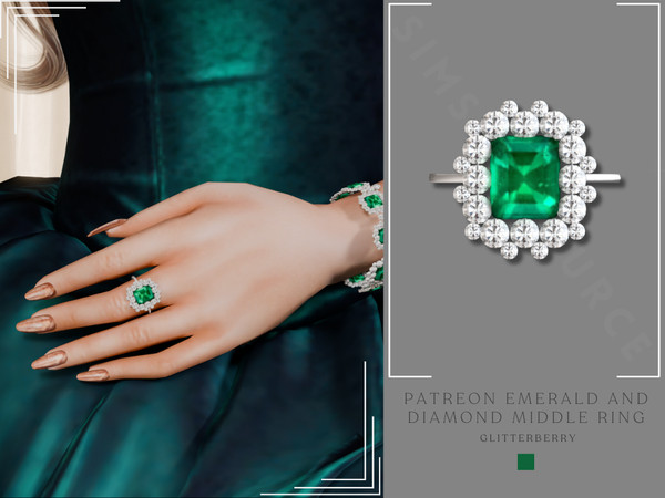 Sims 4 — Patreon Elizabeth Emerald and Diamond Middle Ring by Glitterberryfly — A statement middle finger ring with