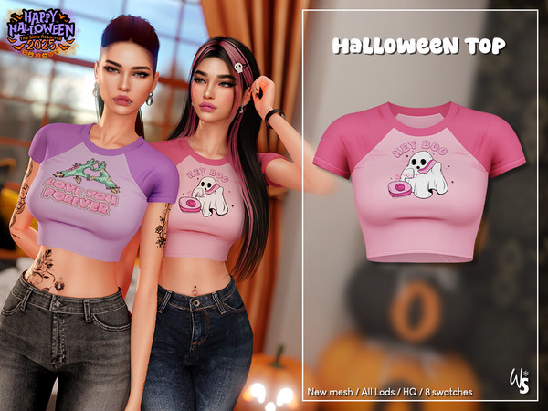 Sims 4 — Halloween Print Top by WisteriaSims — Cute Halloween print T-shirt available in 8 colors (13 colors on Patreon)